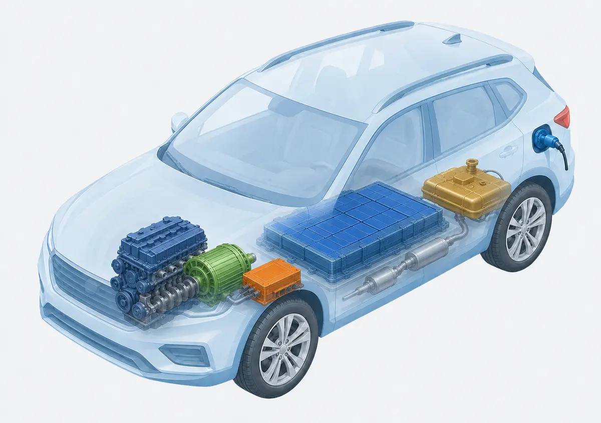 Vue trois-quarts transparente d'une voiture hybride diesel rechargeable avec ses principaux composants