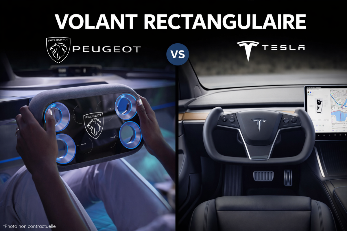 Comparaison entre volant rectangulaire Peugeot et Tesla