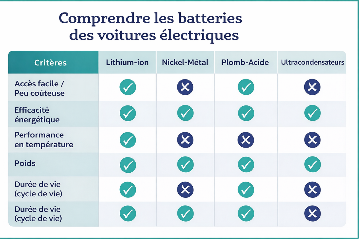 Tableau explicatif des batteries de voitures électriques.